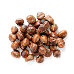 Delicious roasted edible chestnuts group isolated on white background, top view