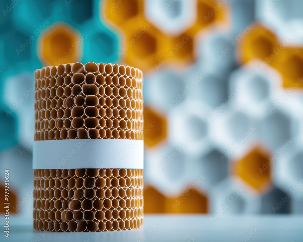 Aufkleber Honeycomb pattern with a cylindrical structure, complemented by a vibrant, abstract background featuring colorful hexagonal shapes.