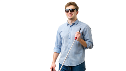 Blind man confidently using a white cane, symbolizing independence and mobility aid.