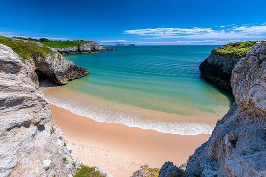 British Isles coastline at Barafundle Bay, often called one of Britain&acirc;&euro;&trade;s most beautiful beaches, framed by rocky cliffs