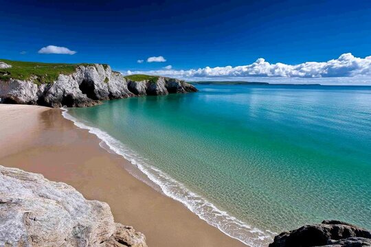 British Isles coastline at Barafundle Bay, often called one of Britain&acirc;&euro;&trade;s most beautiful beaches, framed by rocky cliffs