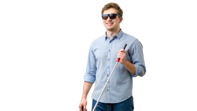 Blind man confidently using a white cane, symbolizing independence and mobility aid.