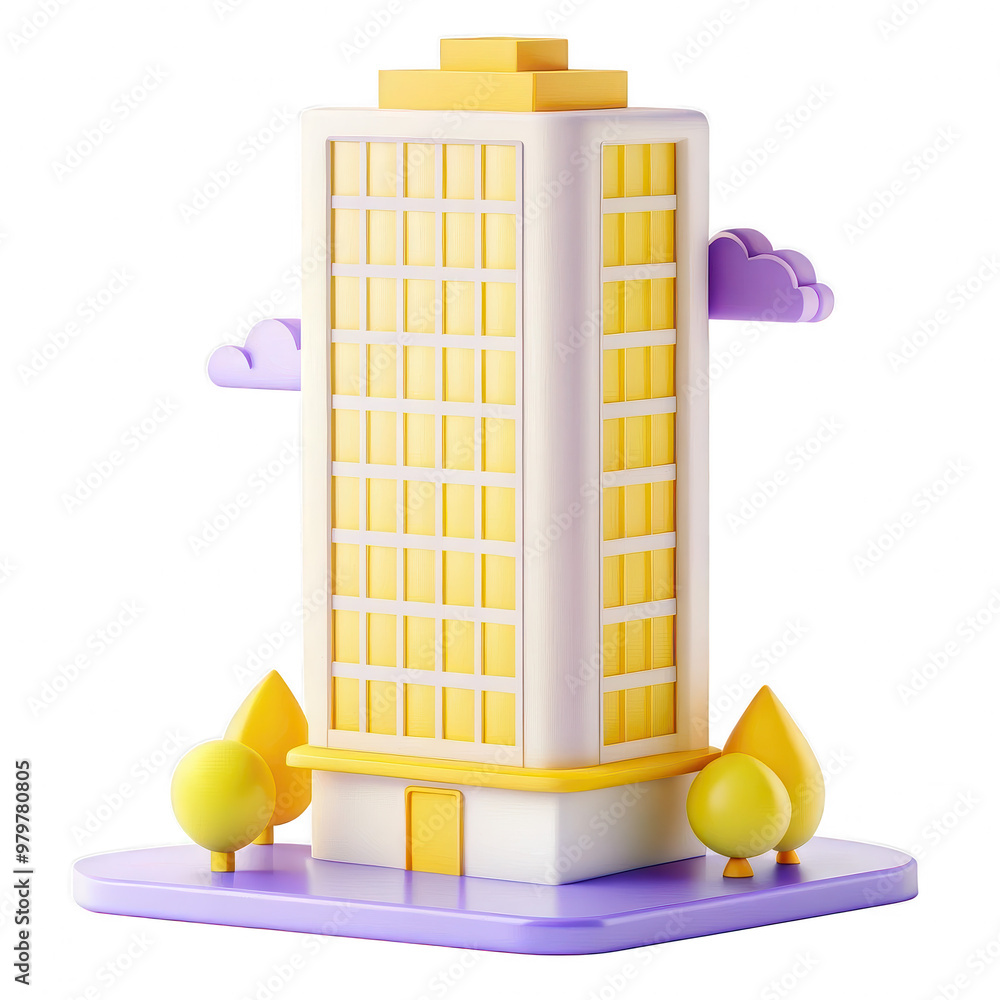 Poster this image depicts a 3d rendering of a yellow and white building icon with colorful trees and clouds