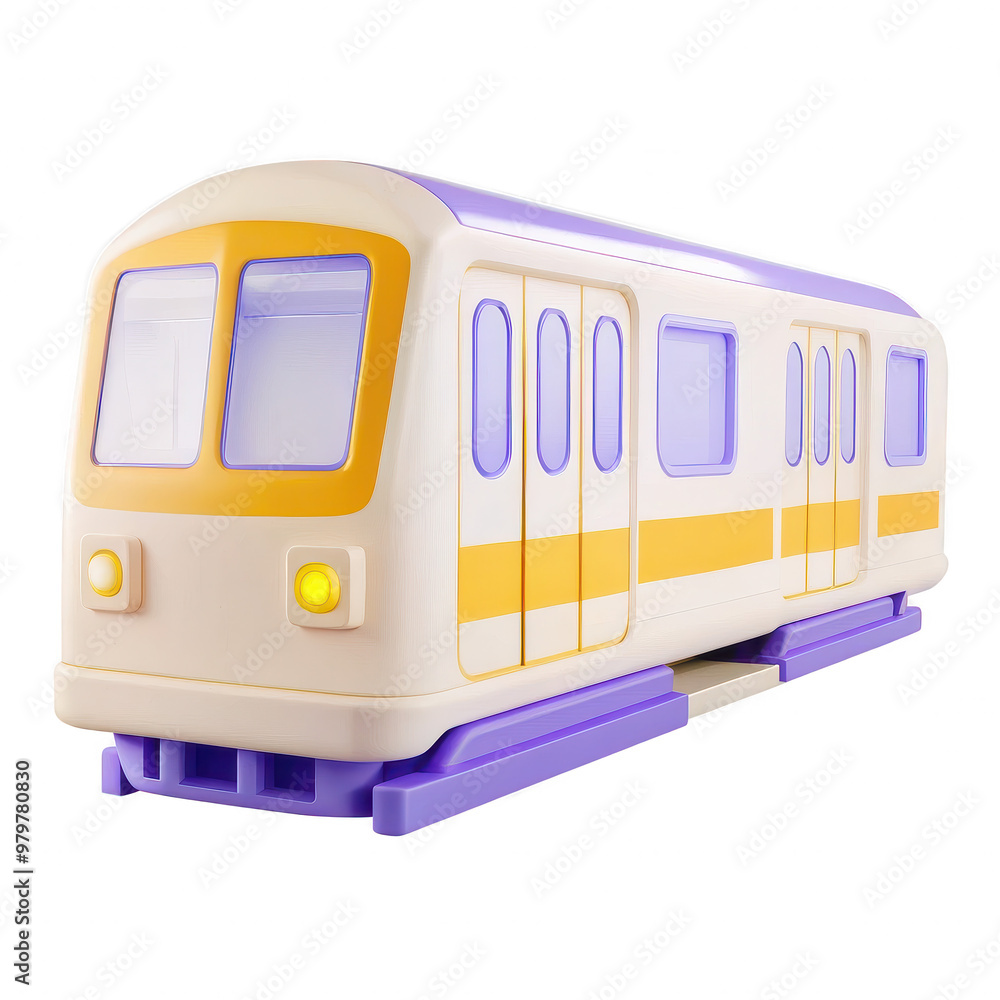 Poster a 3d rendering of a yellow and white cartoon train model with lights in the windows and a cartoon de