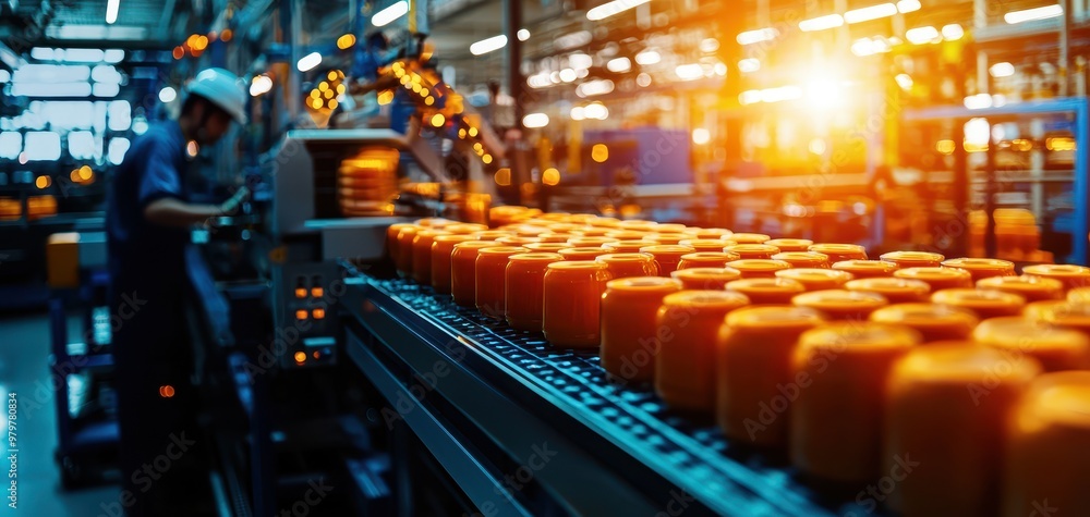 Poster modern production line in a factory with bright jars and a worker, showcasing automated packaging an