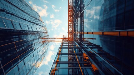 Fototapeta premium A modern construction site showcasing a crane and towering glass buildings under a dramatic sky.