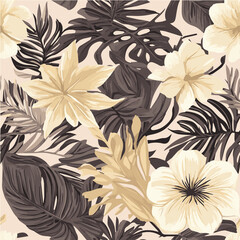 Botanical vector seamless pattern of tropical leaves and flowers