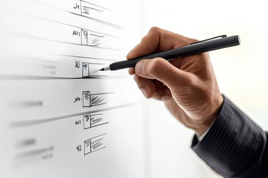 A person writing on a checklist with a pen, demonstrating organization and planning in a professional setting.