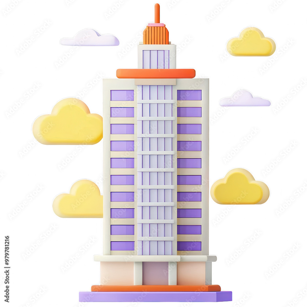 Poster image showing a 3d rendering of a tall city building icon with purple windows and clouds in the back