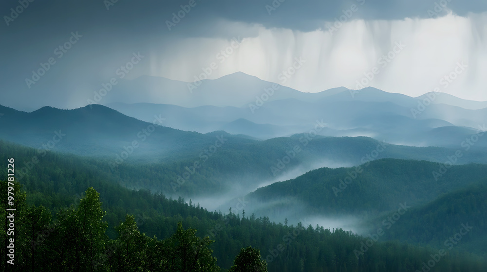 Wall mural distant view of a rainstorm moving across the mountains, with mist rising from the forested