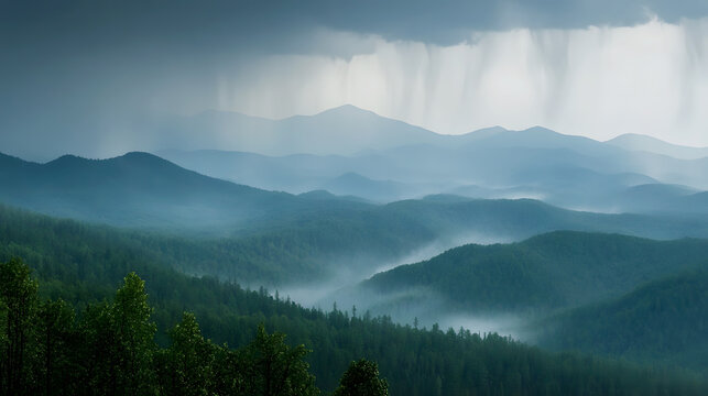 distant view of a rainstorm moving across the mountains, with mist rising from the forested