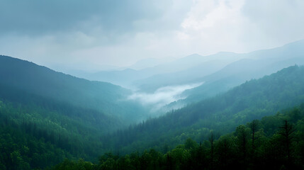 Obraz premium distant view of a rainstorm moving across the mountains, with mist rising from the forested