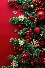 Festive social media template with vibrant red background and holiday decorations