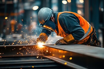 A skilled worker welds metal in a factory, showcasing sparks and precision in a dynamic industrial environment.