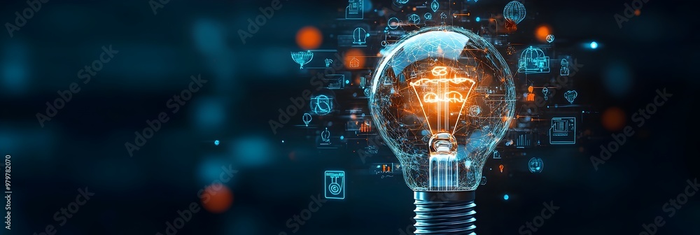 Poster lightbulb filled with creative icons symbolizing innovation and