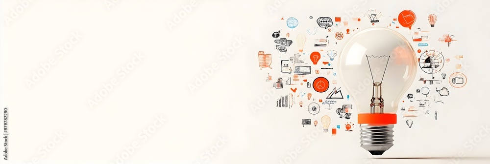 Poster lightbulb filled with creative symbols signifying innovation and