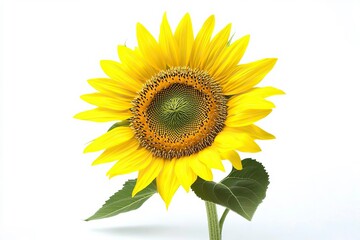 A vibrant sunflower showcasing its bright yellow petals and green leaves against a simple white background, symbolizing summer.