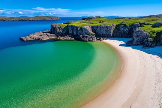 British Isles coastline showcasing the remote and wild beauty of Scotland's Outer Hebrides, with sandy beaches and crystal waters