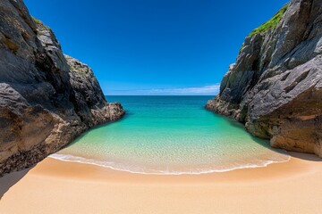 British Isles coastline showing a peaceful cove in Cornwall, with golden sands and turquoise waters