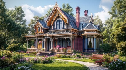 Luxurious Victorian-Style House with Intricate Detailing, Colorful Facade, and Green Lawn with Ornate Garden Benches