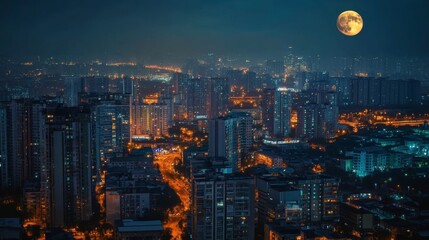 Breathtaking Nighttime Cityscape with Glittering Skyscrapers and Luminous Moon