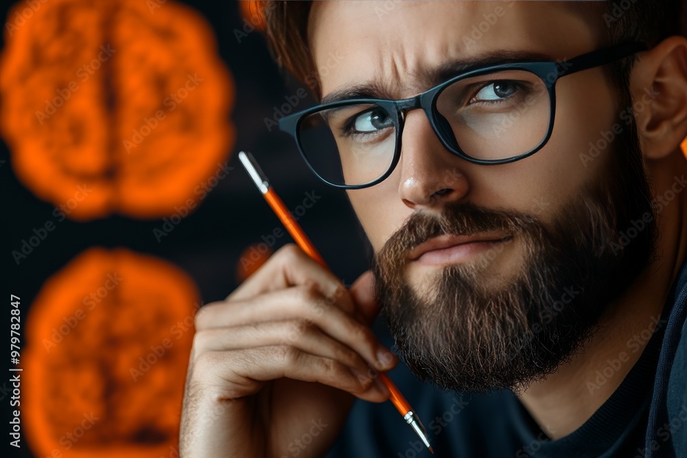 Aufkleber thoughtful man with glasses and glowing neural circuits symbolizing focus intellectual depth and tec