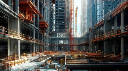 Obraz premium An expansive construction site showcasing towering cranes and steel frames under a bright sky, symbolizing urban development.