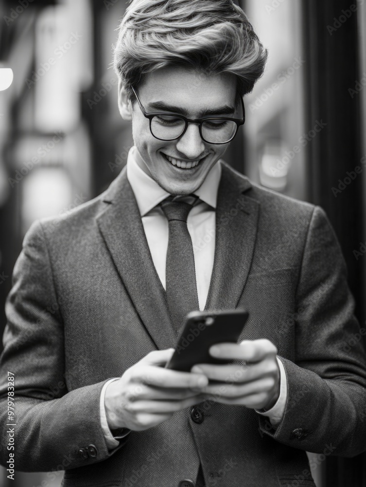 Wall mural Busy Young Man Using Cell Phone in Public