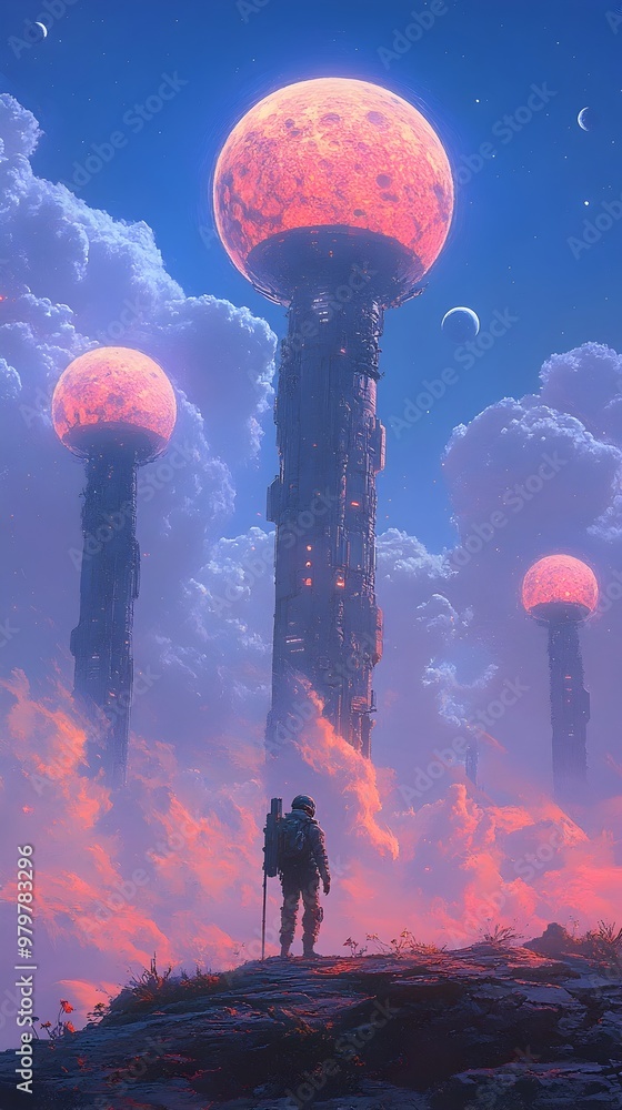 Poster Mesmerizing Alien Landscape with Captivating Moons and Peculiar Flora