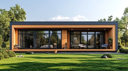 Newly Constructed Scandinavian-Style Home with Minimalist Wooden Facade and Elegant Green Lawn