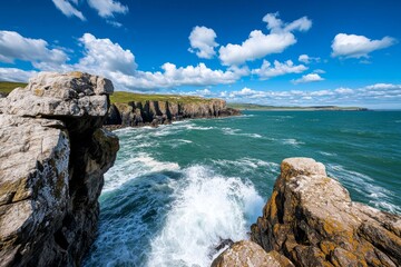 British Isles coastline with rugged cliffs rising above the crashing waves of the Atlantic Ocean