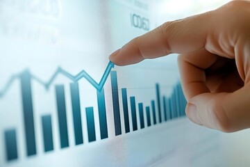 Close-up of a hand pointing at a digital graph, representing data analysis and business growth insights.