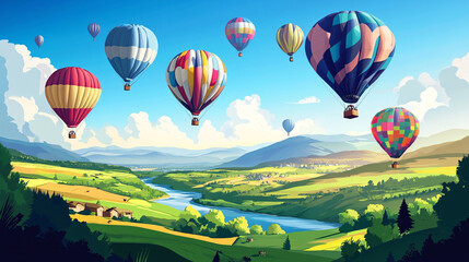 Fototapeta premium Colorful Hot Air Balloons Over Lush Valley Landscape