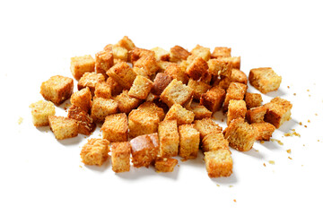 Homemade crunchy croutons flavored with parmesan cheese isolated on white background
