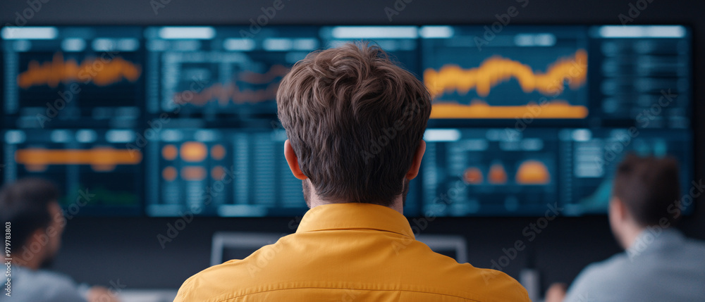 Poster a professional analyzing data on multiple screens, focused on graphs and statistics in a modern offi