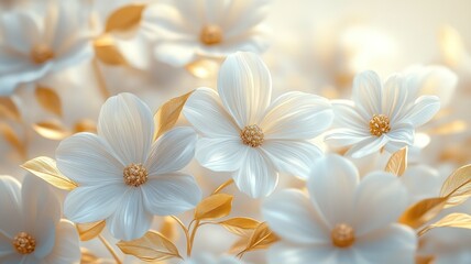 Naklejka premium A delicate arrangement of white flowers adorned with golden leaves, presented in an ethereal and elegant composition with soft focus and light, airy colors.