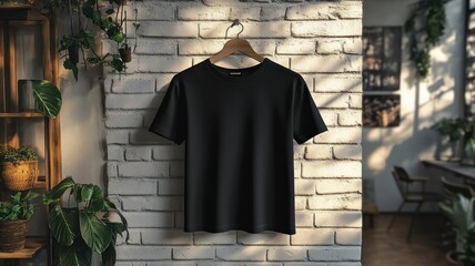 Naklejka premium A black t-shirt hanging against a white brick wall, creating a striking contrast in a minimalist urban environment that emphasizes casual style and a modern aesthetic.