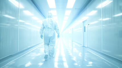 Fototapeta premium Healthcare Worker Walking Down Sterile Hallway