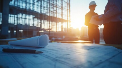 Construction workers discussing plans at sunset near a building site, showcasing teamwork and project management.