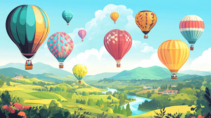Naklejka premium Hot Air Balloons Over Lush Countryside Landscape