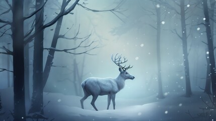 Elegant white reindeer standing in a misty winter forest with falling snowflakes