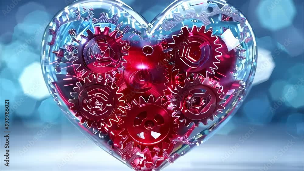 Poster a transparent heart filled with red gears, representing a blend of emotion and mechanics against a b
