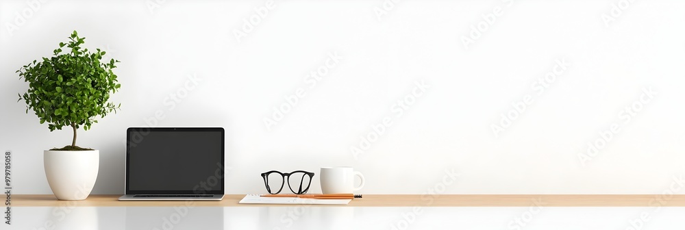 Aufkleber Minimalist Workspace with Laptop and Notepad on Open Desk