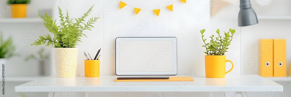 Poster minimalist workspace with tablet and pen for business or tech related content