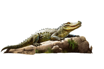 Obraz premium Crocodile sunbathing on a riverbank, displaying reptiles in their natural habitat ,Isolated on transparent background,Isolated on transparent background