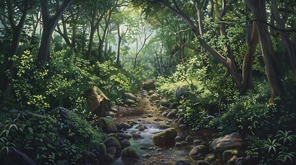 An old broken marble stream in the core of a lush canopy of trees covered with dense bush growth