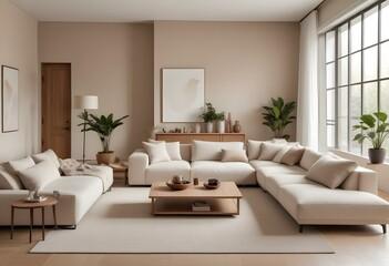 A modern and minimalist living room with a large beige sectional sofa, a wooden coffee table, and decorative elements like vases and plants. The walls are painted in a neutral tone.