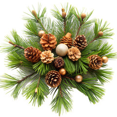 Fototapeta premium Wreath made of pine branches, pinecones, and gold ornaments with a traditional holiday design