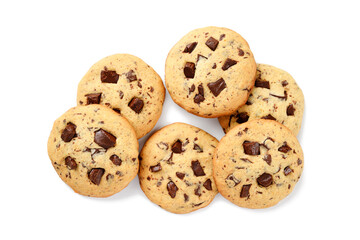 Delicious chocolate chip cookies isolated on white background, top view