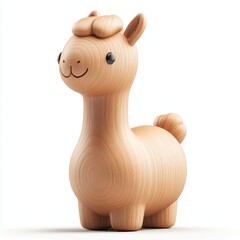 A charming wooden llama toy, crafted with smooth lines and a friendly expression, perfect for playful decor or children's rooms, white background